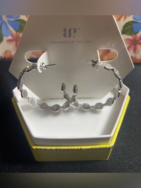 bp Silver Hoop Earrings with Yellow Accent Details